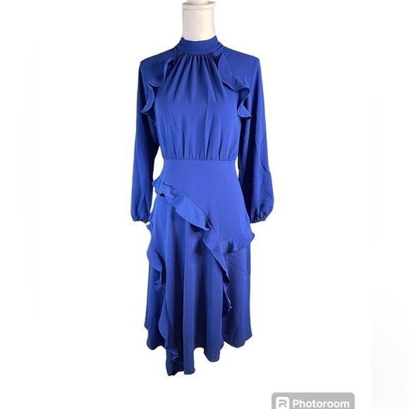 Donna Morgan Women's 2 Sodalite Blue Mock Neck Multi Ruffle Long Sleeve Dress - Picture 1 of 15
